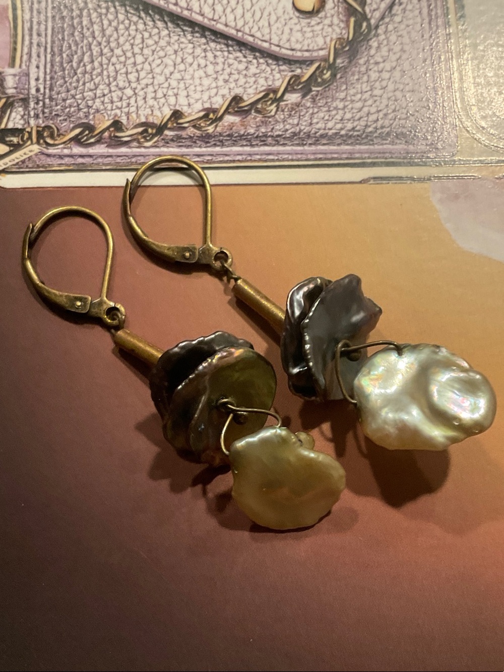 Iridescent and DK Gray Baroque or Keshi Pearl Drop Earrings - Picture 2 of 3